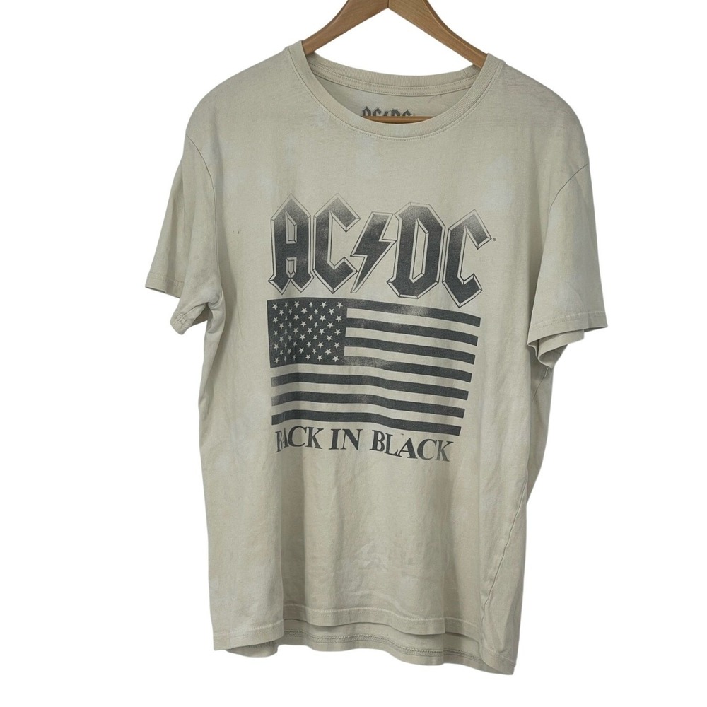 ACDC Back In Black Graphic T-Shirt Tan US Flag Band Tee Large